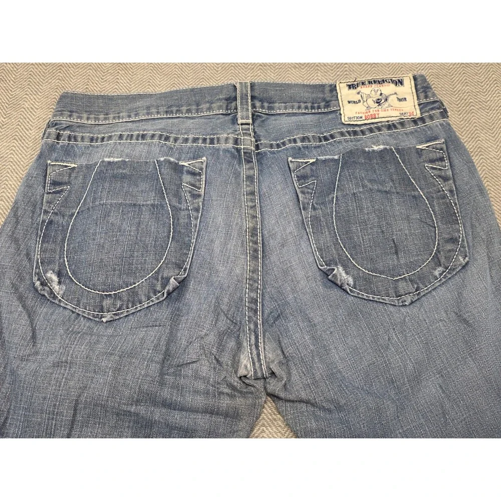 True Religion Bobby Mens Jeans 38x29 Blue Big T Stitch‎ Straight Leg Made in USA